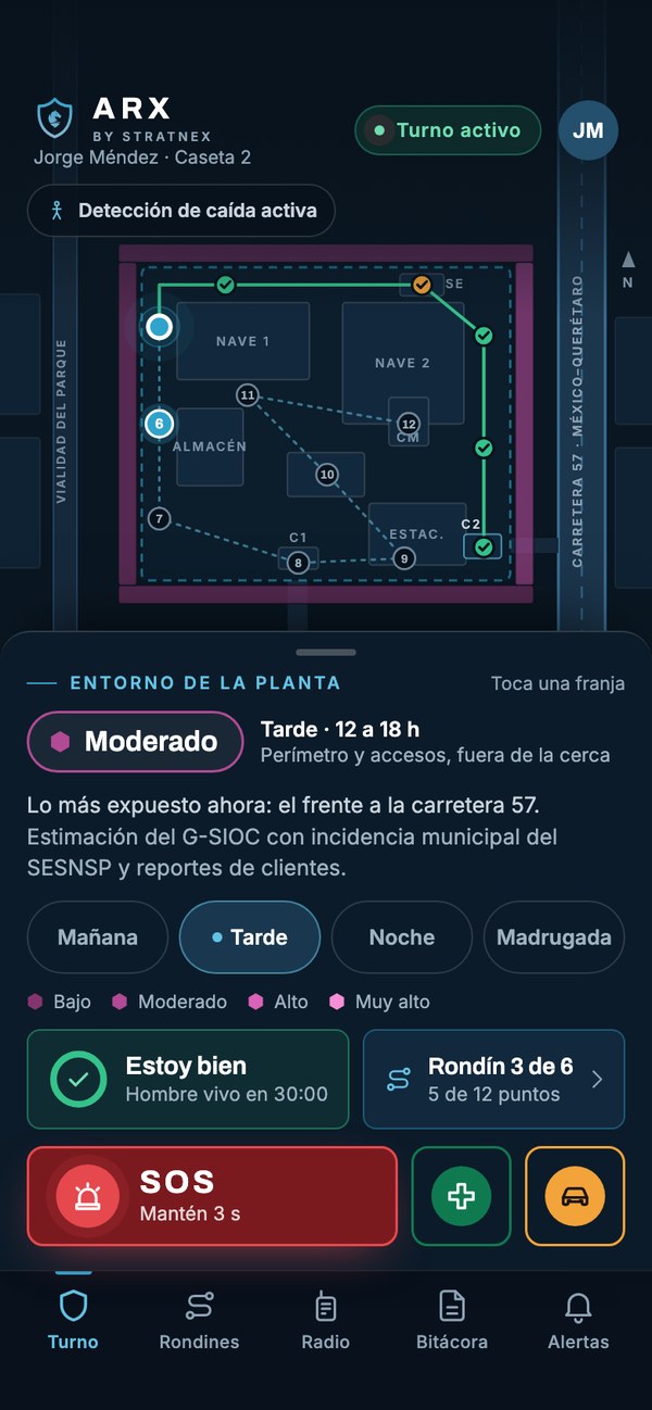 Turno activo: el plano del sitio, la confirmación de estado y el avance del rondín.